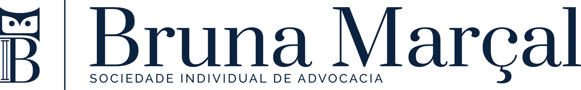 Logotipo da marca da Advogada Bruna Marçal, que tem seu foco no Direito Empresarial. O símbolo é a uma coruja que tem seu corpo criado a partir da letra B, onde a parte reta da letra representa uma coluna da justiça, o letreiro se lê: Bruna Marçal - Sociedade Individual de Advocacia.